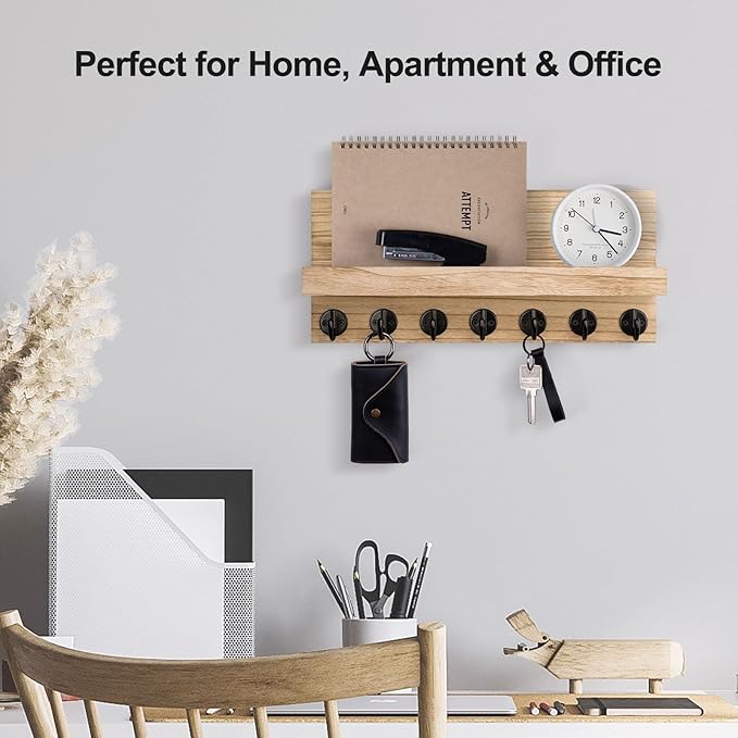 Key Holder Wall Mount, Entryway Key and Mail Holder with 7 Sturdy Hooks for Sunglasses, Dog Leash, Decorative Wall Shelf with Mounting Hardware, 15”W x 6.7”H x 4.2”D (Wood)
