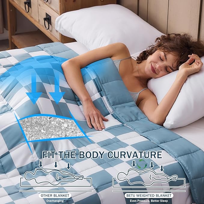 Blue Checkered Weighted Blanket for Adults 20lbs, 88"x104" King Size, Cooling Heavy Blanket for 130-220lbs with Premium Glass Beads, Soft Thick Big Blankets for All-Season Sleeping Comfort Breathable