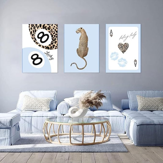 Trendy Leopard Canvas Wall Art Set of 3,Blue Cheetah Y2k Wall Decor Paintings,Funky Lucky You 8 Ball Posters Prints Pictures for Girls Room Dorm Apartment Living Room Home Decor 12x16 Inch Framed