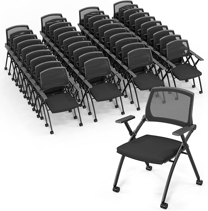 VINGLI 40 Pack Stackable Conference Room Chairs with Wheels, Folding Office Chair with Rebound Back, Padded Seat for Training Room, Guest, Reception, Event, Capacity 350lbs, Black