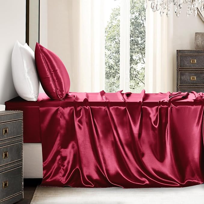 Satin Sheets Twin Size - 3 Pieces Luxury Silky Soft Bed Sheets for Kids, Wrinkle-Free Burgundy Satin Silk Sheet Set with 1 Deep Pocket Fitted Sheet, 1 Flat Sheet, 1 Pillow case