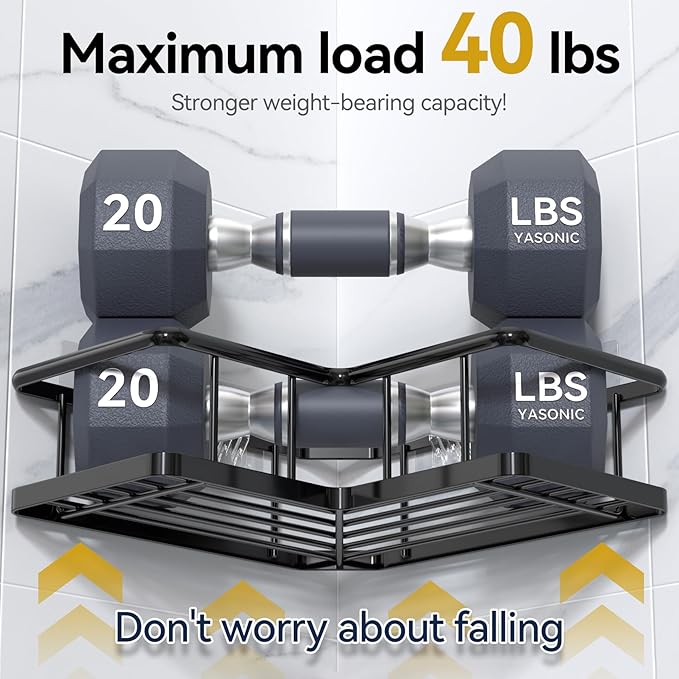 YASONIC Shower Caddy Corner, 3-Pack Adhesive Rustproof Stainless Steel Shower Shelves with Soap Holder, No Drilling Shower Organizer Corner for Dorm, Renters Bathroom, Black