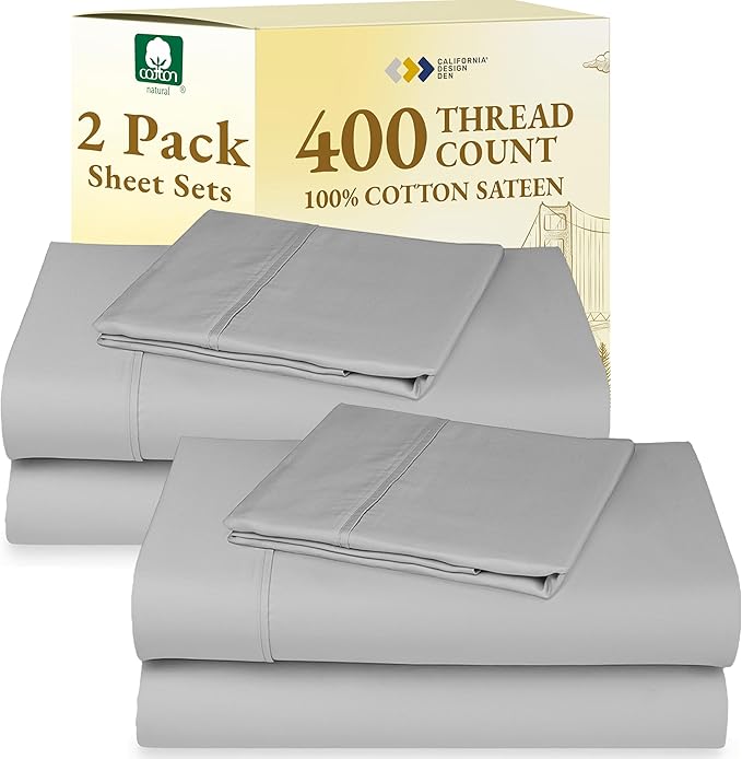 California Design Den 2-Pack Twin Cotton Sheet Sets - 400 Thread Count 100% Cotton Sateen - Soft and Breathable Sheets, 2 Sets of Deep Pocket Bed Sheets - Light Grey CaliforniaDesignDen