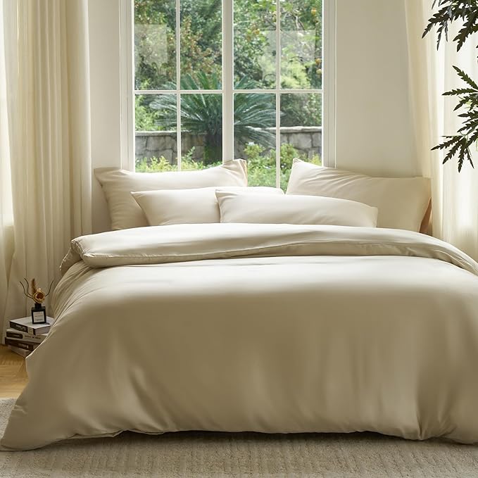 DOZ Duvet Cover Set, 100% Viscose derived from Bamboo, Organically Grown, Buttery Soft, Cooling Duvet Covers, High GSM, 1 Duvet Cover and 1 Pillowcase, 70"x90" (Sand, Twin/Twin XL)
