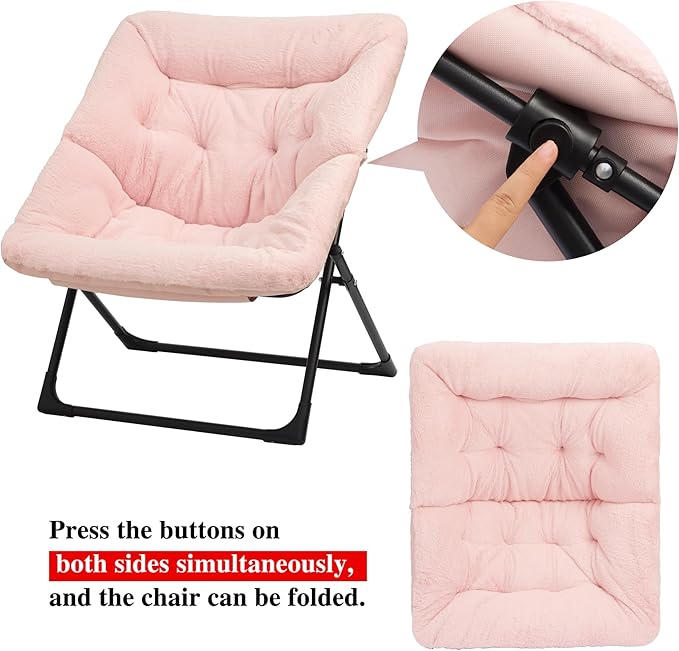 Comfy Saucer Chair for Adults, Soft Faux Fur Bedroom Chair with Ottoman, Accent Dorm Chairs, Living Room Reading Chairs and Footstool, Folding Lounge Seat for Teens, X-Large, Light Pink