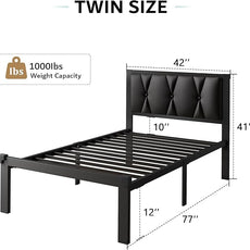 iPormis Twin Metal Bed Frame, Faux Leather Platform Bed with Button Tufted Headboard, Heavy Duty Slats Support, 12