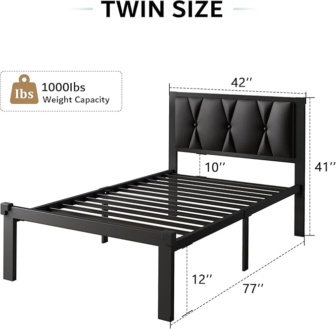 iPormis Twin Metal Bed Frame, Faux Leather Platform Bed with Button Tufted Headboard, Heavy Duty Slats Support, 12" Under Bed Storage, No Box Spring Needed, Easy Assembly, Black