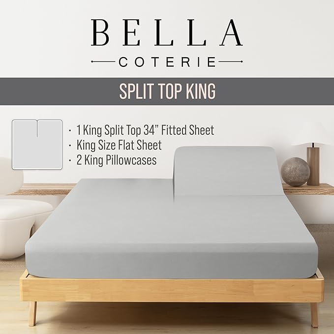 Bella Coterie Luxury Bamboo Viscose 34” Split Top King Size Sheet Set | 1 Fitted Sheet for Sleep Number & Adjustable Beds | 100% Organically Grown | Cooling & Soft | 18” Deep Pocket [Grey Mist]