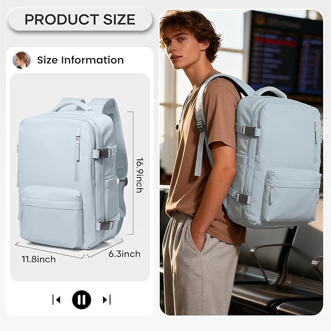 Vacuum Compression Backpack, Travel Vacuum Backpack with Electric Vacpack Pump, Flight Approved Carry On Personal Item Suitcase Luggage for Men Women, Light Blue