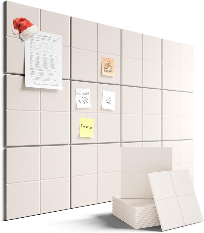 Large Felt Bulletin Board 48" x 36", 12-Pack 4-Compartment Wall Organizer, Cork Board Alternative with 70 Removable Adhesive Tabs, Modular Felt Panels for Home Office, Classroom and Study-Oatmeal