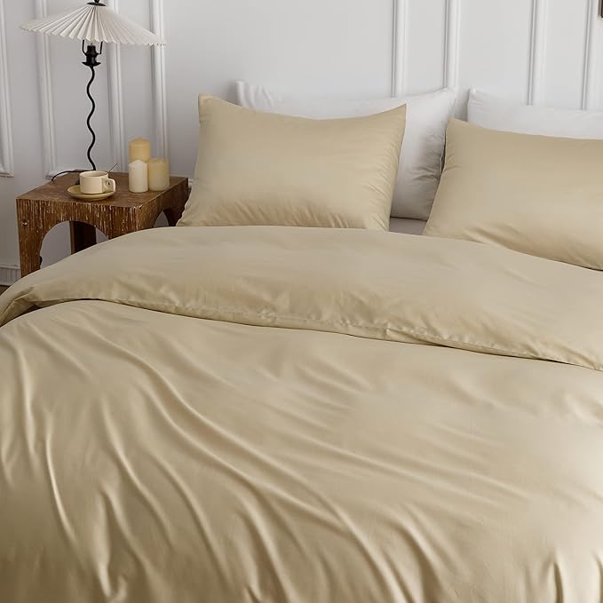 HeimenAogo Egyptian Cotton Duvet Cover Queen Size Sateen Weave, Silky Soft and Breathable Bedding Set with Zipper Closure, Extra-Long Staple Cotton Comforter Cover Cream 3Pcs 90"×90"
