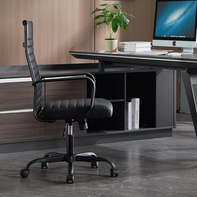 Conference Room Chairs, Ergonomic Executive Office Chair, Ribbed Leather Desk Chair with Lumbar Support, Adjustable Height Mid-Back Swivel Chair with Padded Seat