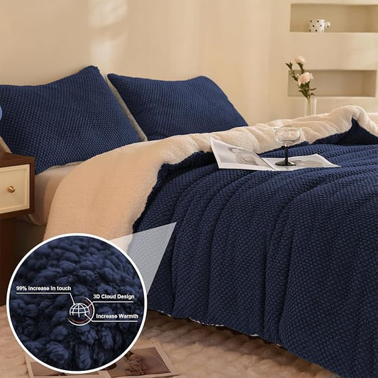 3D Jacquard Design Comforter Set, Ultra-Soft Warm Queen Size Sherpa Fur Plush 3-Pieces Sets Luxury Cozy Bedding with 2 Pillowcases (90"x90", Navy Blue)