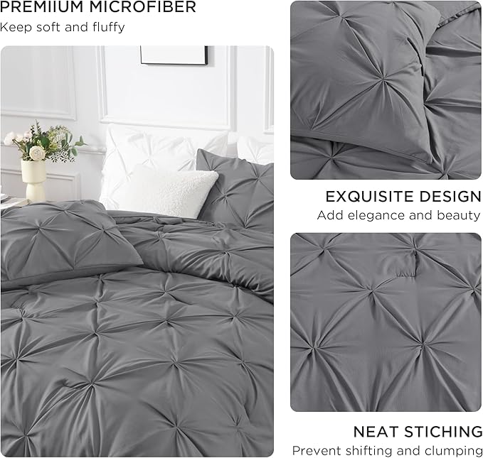Andency Medium Gray Pinch Pleat Comforter Full(79x90Inch), 3 Pieces(1 Down Alternative Comforter and 2 Pillowcases) Grey Bed Set Microfiber Pintuck Bedding Set