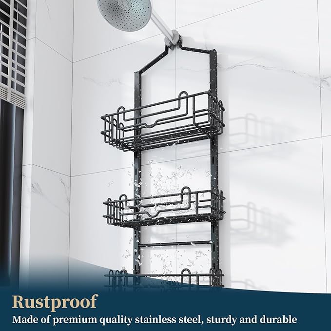 Consumest Shower Caddy Hanging – Rustproof Over Shower Head Hanger with Soap Holder and Hooks, Anti-Slip Shower Shelves for Storage, Bathroom Organizer for Apartment, Dorm, Black