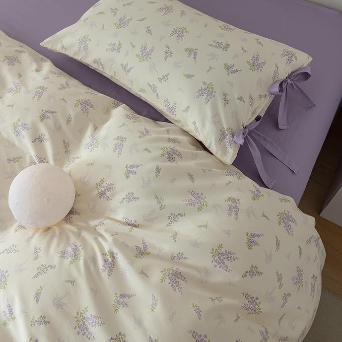 mixinni Cotton Purple Floral Duvet Cover Twin Size Soft Cottage Ribbon Bedding Set Girls Comforter Cover with Zipper 4 Corner Ties for Teenage Girls (1 Duvet Cover + 2 Bowknot Pillowcase)-Twin Size