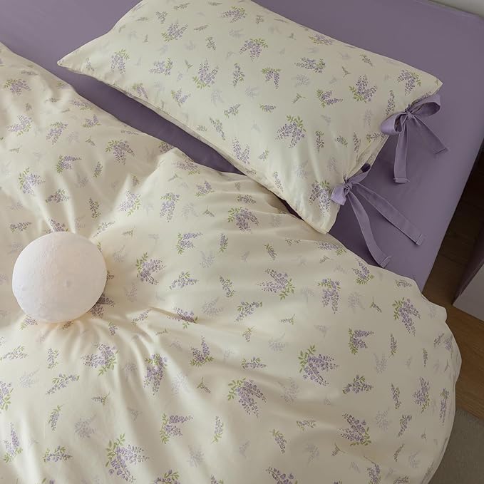 HighBuy Botanical Floral Duvet Cover Full Boho Duvet Cover Set Soft Cotton Coquette Bedding White Duvet Cover Set Floral Duvet Cover,Soft Cotton Full Bedding Set with 2 Bowknot Bow Tie Pillowcases
