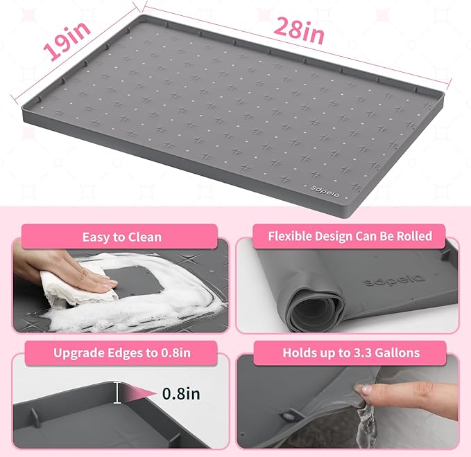Sdpeia Under Sink Mat 28"×19" Waterproof Silicone Cabinet Liner & Sink Protector for Kitchen & Bathroom, Multi-Purpose Organizers Tray for Pets, Laundry, Cat Litter Mat,Gray