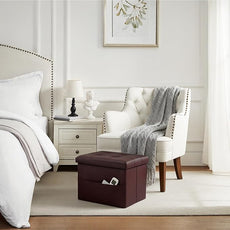 Storage Ottoman Foot Rest Stool, Small Leather Storage Ottomans Bench, Folding Footstool with Side Pockets, Foot Rest Under Desk for Living Room Bedroom, 16x12x12 in, Brown