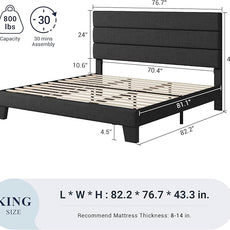 Allewie King Bed Frame Platform Bed with Fabric Upholstered Headboard and Wooden Slats Support, Fully Upholstered Mattress Foundation/No Box Spring Needed/Easy Assembly, Dark Grey