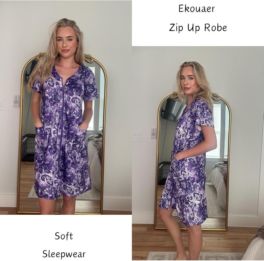 Ekouaer Women Robe Zipper Front Mumu Duster Robes Zip Up Housecoat Soft Sleepwear with Pockets