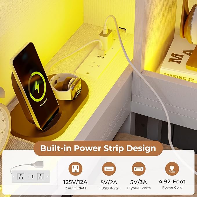 VIAGDO Corner Bed Frame with Storage Bookcase and 6 Drawers, Twin Metal Platform Corner Bed Frame with LED Lights and Charging Station, Twin Daybed for Kids Teenagers, White