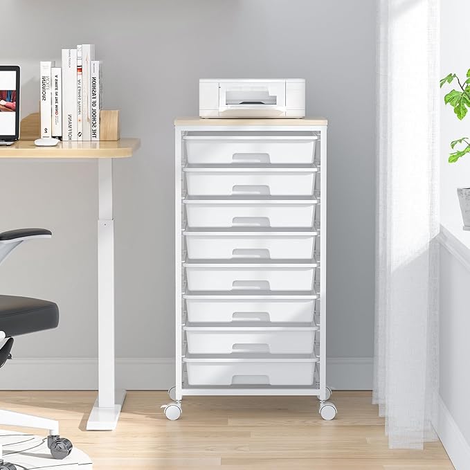 Rolling Storage Cart with Drawers,Utility Cart With 8 Drawers and Wooden Tabletop,Rolling Drawer Cart,Storage Drawer Cart for Living Room,Classroom,Bedroom,Bathroom,Dorm,Office,White