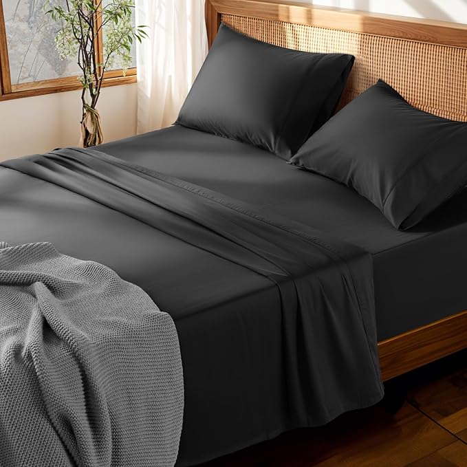 LBRO2M 100% Cotton Sheets Set Deep Pocket 19", 1000 Thread Count Full Size 4 Piece Bed Sheet Sets Soft Comfortable Bedding All Season (Full, Black)