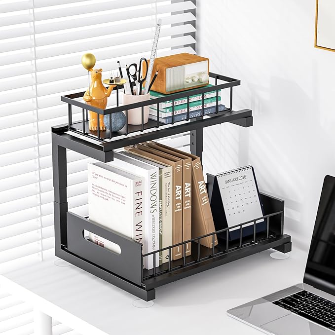 Under Sink Organizer, Heavy Duty Metal Slide Out Sink Shelf Organizer Height Adjustable, Multi-Purpose Storage Shelf for Kitchen Bathroom (Black,1Pack)