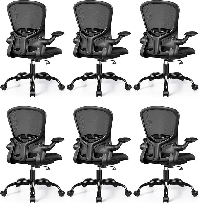 FelixKing Office Desk Chairs, Ergonomic PC Desk Chair with Wheels, Adjustable Lumbar Support and Height, Swivel Computer Chair with Flip-up Armrests, Ergo Mesh Backrest for Working (Black, Pack of 6)