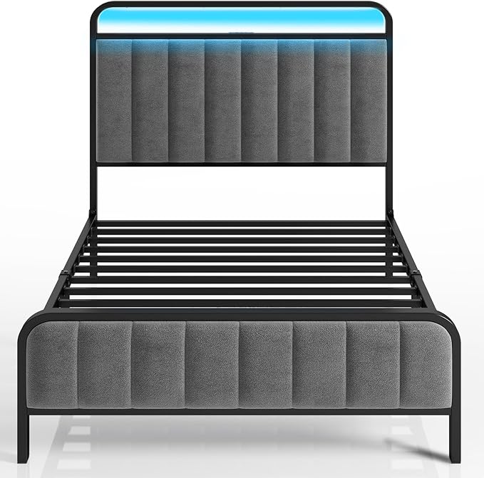 Rolanstar Twin Size Bed Frame with LED Light and Charging Station, Upholstered Headboard and Footboard, Metal Slat, Noise Free, Easy Assembly, Dark Gray