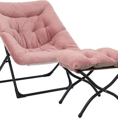 Comfy Saucer Chair for Adults, Soft Faux Fur Bedroom Chair with Ottoman, Accent Dorm Chairs, Living Room Reading Chairs and Footstool, Folding Lounge Seat for Teens, X-Large, Dusky Pink