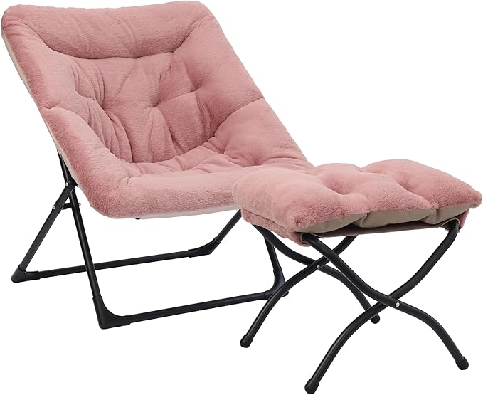 Comfy Saucer Chair for Adults, Soft Faux Fur Bedroom Chair with Ottoman, Accent Dorm Chairs, Living Room Reading Chairs and Footstool, Folding Lounge Seat for Teens, X-Large, Dusky Pink