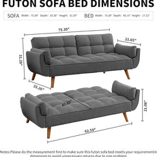 Convertible Futon Sofa Bed, Linen Sleeper Couch, 75