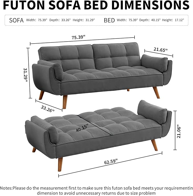 Convertible Futon Sofa Bed, Linen Sleeper Couch, 75" W Modern 3 Seater Tufted Sofa with Solid Wood Legs and Adjustable Backrests for Small Spaces, Living Room, Bedroom, Dark Gray