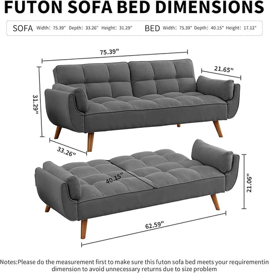 Convertible Futon Sofa Bed, Linen Sleeper Couch, 75" W Modern 3 Seater Tufted Sofa with Solid Wood Legs and Adjustable Backrests for Small Spaces, Living Room, Bedroom, Dark Gray
