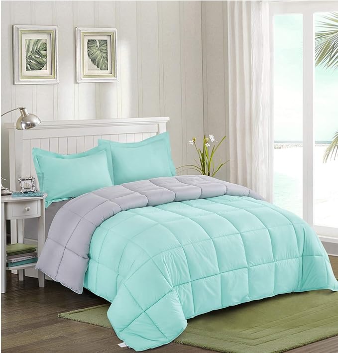 HIG Reversible Lightweight Comforter - All Season Down Alternative Summer Duvet Insert Blue Quilted Bedding Comforters with Corner Tabs Full/Queen Size Aqua Blue/Light Grey