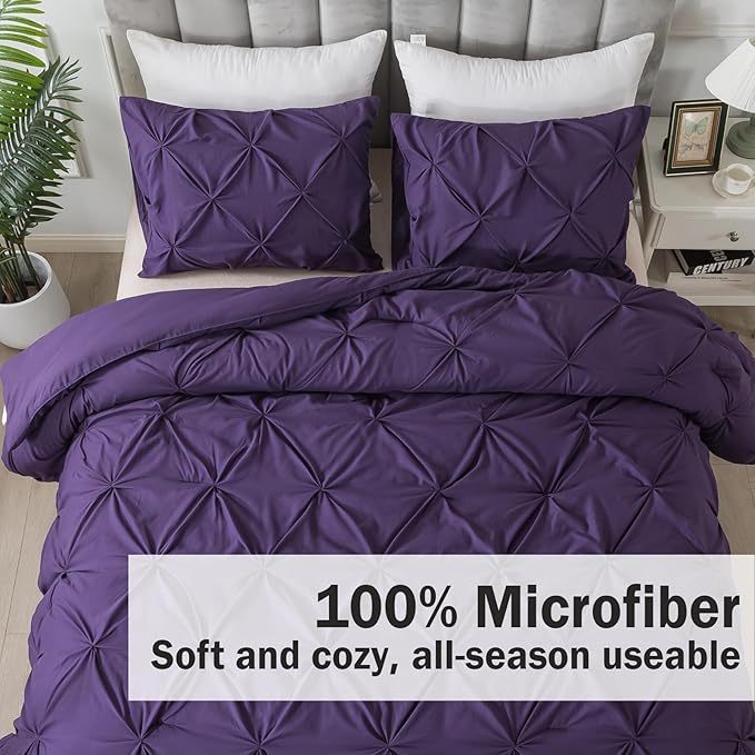 Andency Purple Comforter Set Queen Size, 3 Pieces Pintuck Bedding Comforters for Queen Bed, All Season Soft Lightweight Pinch Pleat Microfiber Bed Set