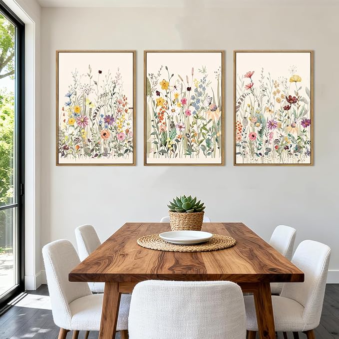 BINCUE Wildflower Wall Art Large Floral Wall Painting Neutral Print Pictures Decor for Living Room Bedroom Bathroom 3 Panel 36x24 Inches