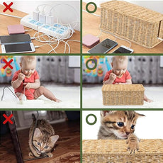 Cable Management Box, Handmade Rattan Cable Organizer, 2 Open Slots Cords Hider Box, Under Desk Cord Organizer for Computer Router USB Hub & Power Strip, Patent Pending, 13