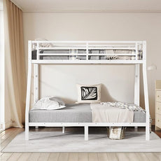 Twin Over Full Bunk Bed, Metal Bunk Bed Frame Heavy Duty Bunk Beds Loft Bed Frame with Ladder and Guardrail Metal Slats No Box Spring Required for Adults Teens, White