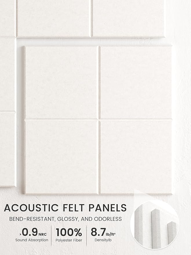 Bumusty Large Cork Board Alternative-47 x35 Felt Bulletin Board Tiles, with 30 Pushpins, 70 Adhesive Tabs, 12-Pack Slat Wall Paneling, Cork Boards for Office Push Pin Board Felt Board-Milky White