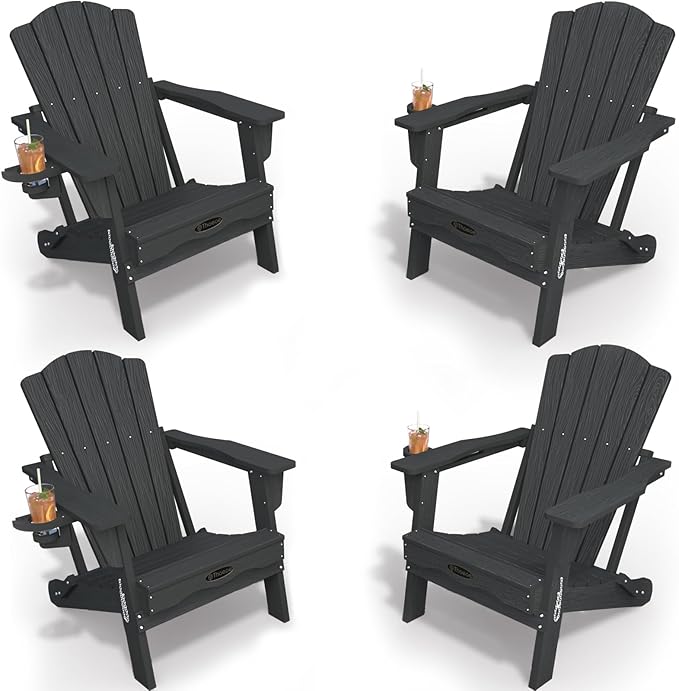 Adirondack Chair Set of 4, Folding All-Weather Outdoor HDPE Patio Chair with Cup Holder, Grey