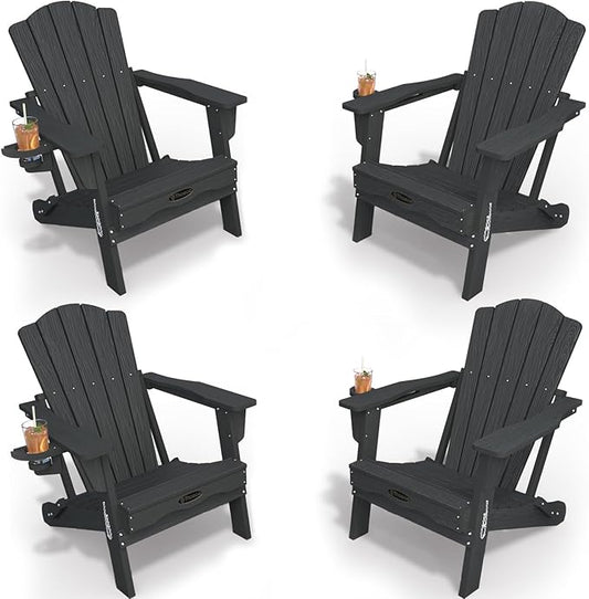 Adirondack Chair Set of 4, Folding All-Weather Outdoor HDPE Patio Chair with Cup Holder, Grey