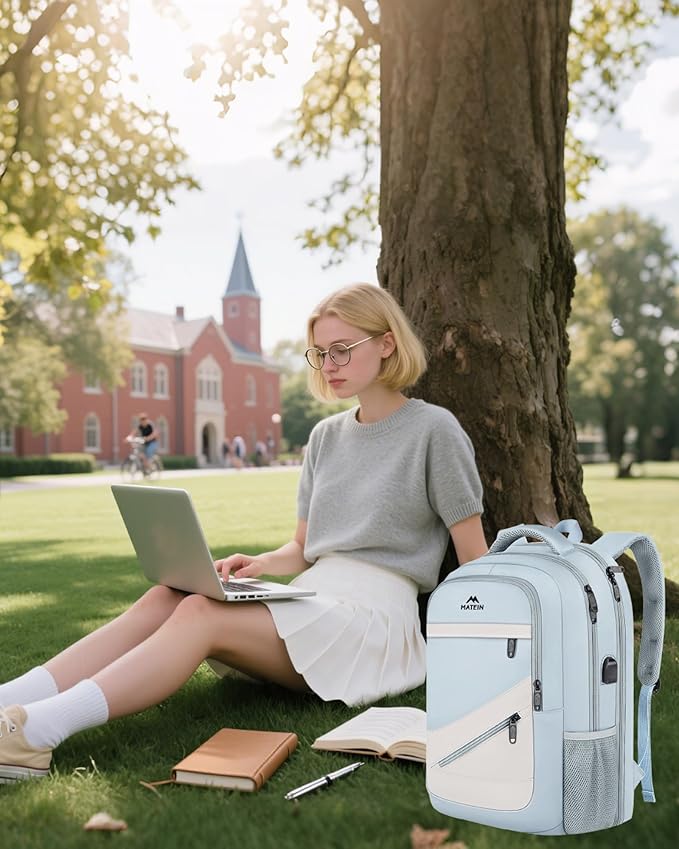 MATEIN 30 L Large Laptop Backpack, Stylish Lightweight Nursing Teacher Work Backpack with USB Charging Port, College Travel Comupter Bag Soft and Comfortable for Daily, Blue Beige