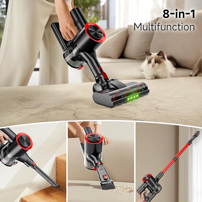 Cordless Stick Vacuum Cleaner, 38Kpa Powerful Suction Vacuum Cleaner with LED Headlight, Detachable Battery, 8-in-1 Lightweight Handheld Vacuums for Pet Hair Carpet and Hardwood Floor, Red