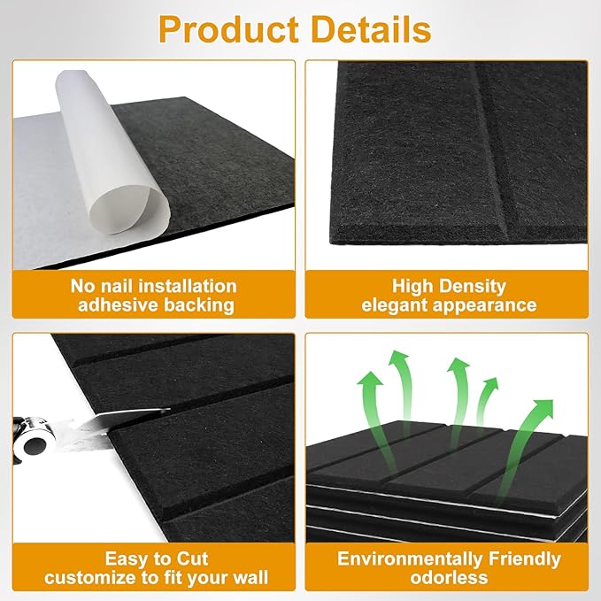 Felt Bulletin Board Tiles,Large Cork Board Alternative with 35 Pushpins,Black Bulletin Board, 12 Pack 12"X12"X0.4" Felt Cork Board Tiles with Self Adhesive for Office Pin Board, Home & Classroom