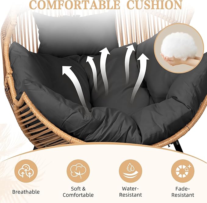 Vongrasig Comfy Wicker Rocking Egg Chair, Soft Thick Cushion Rattan Lounge Chair, High Capacity Steel Frame, Reading Chair for Living Room, Bedroom, Dorm Rooms (Black)