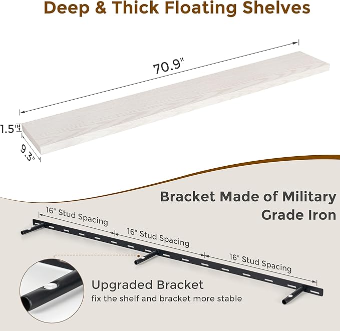Fun Memories 72 Inch Floating Shelves for Wall, 72x9.3 Large Floating Shelf for Bedroom, Kitchen, Bathroom, Wall Mounted Rustic Wood Shelves with Invisible Bracket for Books, Decor, Brich