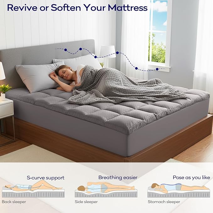 OLANLY Dual-Layer 4 Inch Cal King Size Memory Foam Mattress Topper for Back Pain, 2 Inch Cooling Pillow Top Mattress Pad Cover and 2 Inch Gel Memory Foam Topper, Deep Elastic Pocket, Light Grey